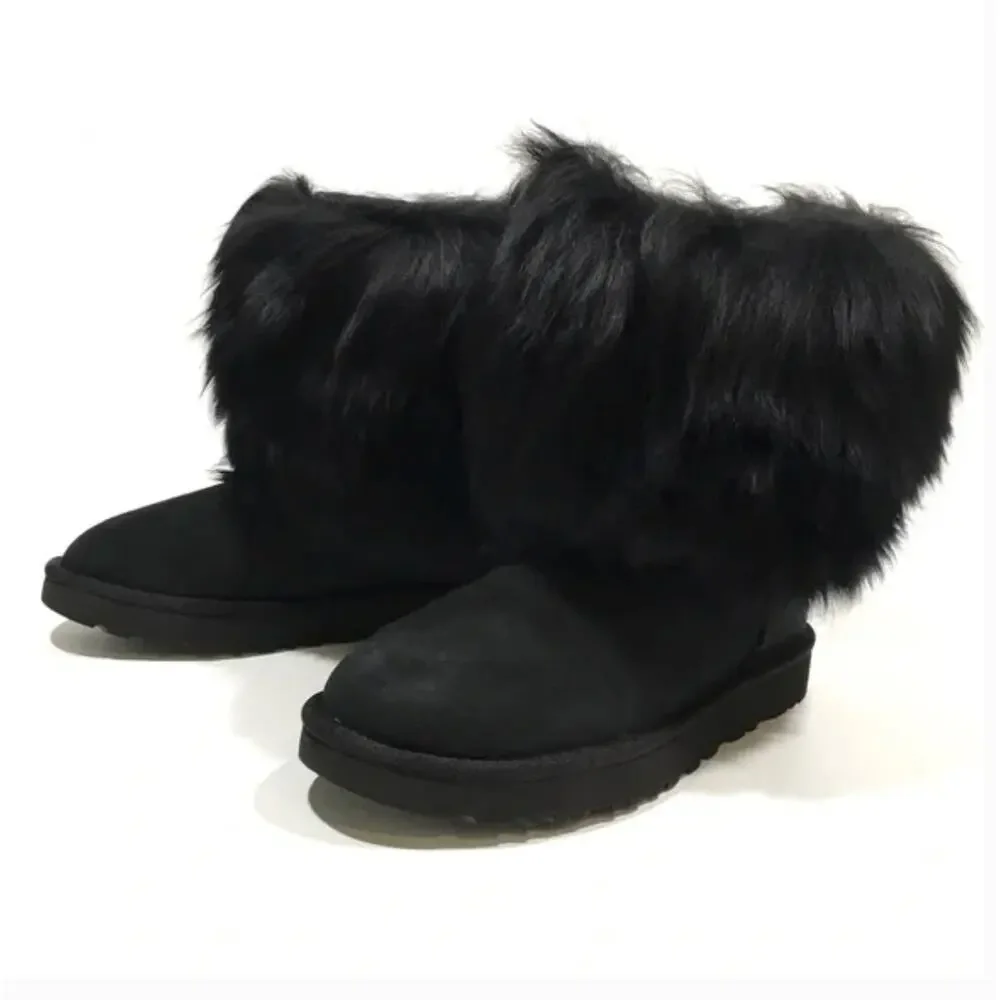 Ugg Short Sheepskin Cuff Boots 6 Black NWT Suede Fur Shearling Ankle Booties